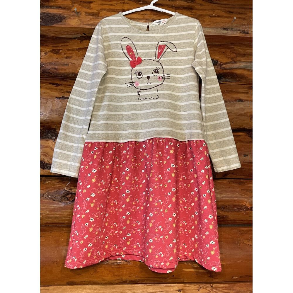 Beebay‎ Rabbit Dress Grey Striped W/Pink Floral Size 8 Years